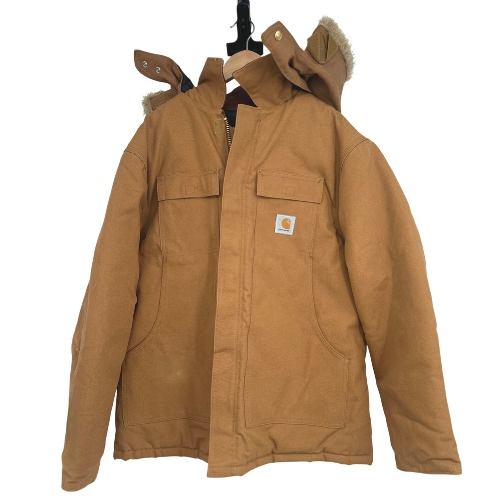Vtg Carhartt Arctic Quilt Lined Duck Canvas Work Coat Mens 46 Brown Fux Fur Hood
